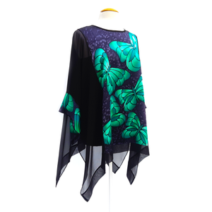 long ladies caftan top pure silk black with green butterflies made by Lynne Kiel