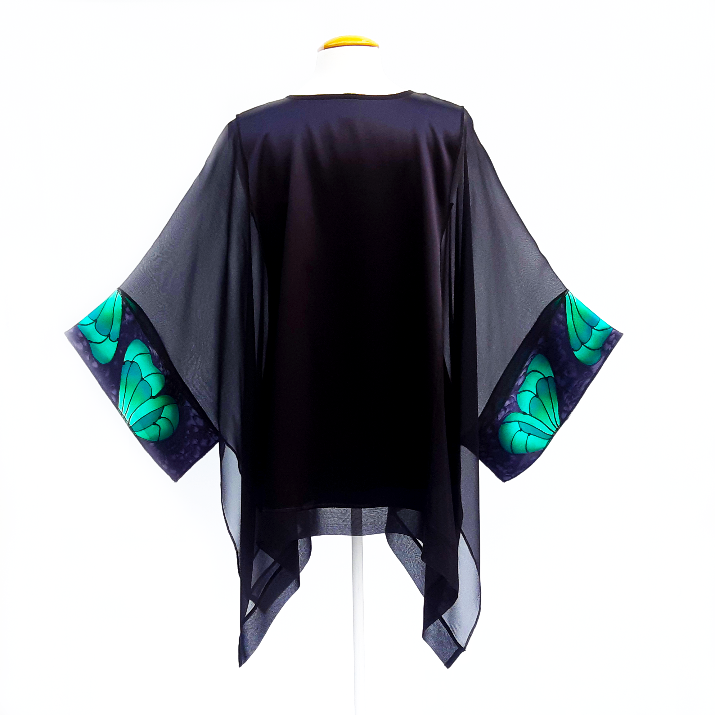 plus size black caftan top for ladies hand painted silk butterflies made in Canada by Lynne Kiel