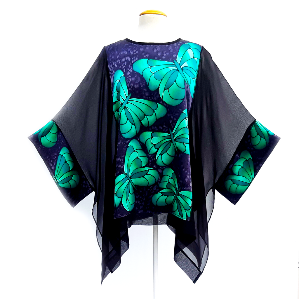green butterfly hand painted silk caftan top for cruise wear and wedding wear