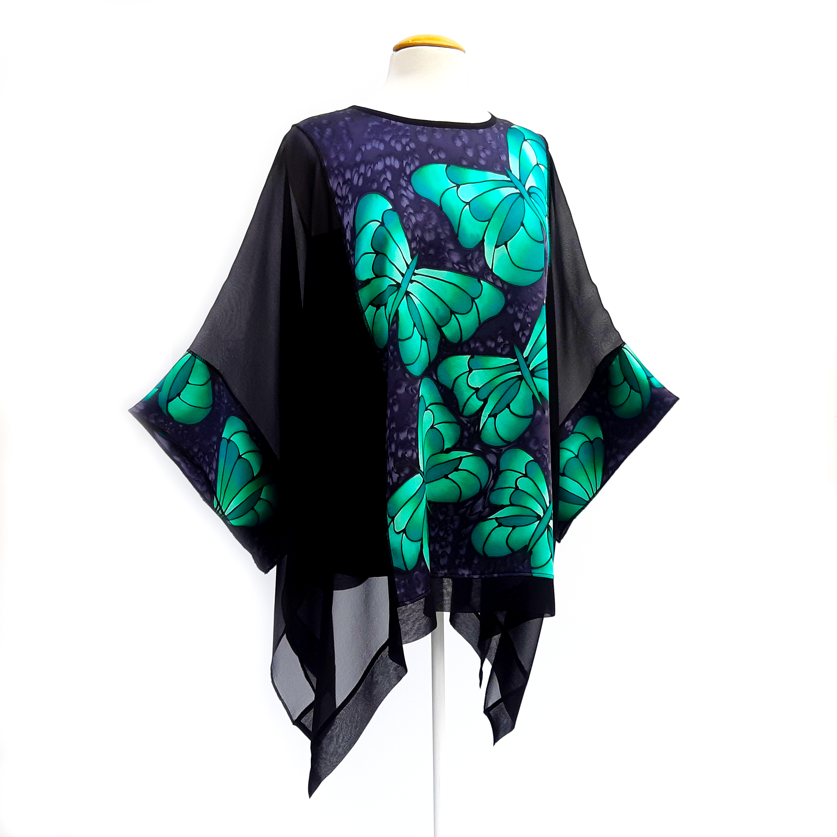 one size black caftan top hand painted green butterflies cruise wear wedding outfit made by Lynne Kiel