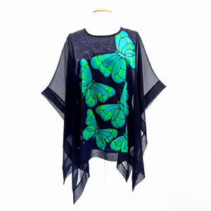 hand painted silk green butterfly poncho top one size clothing handmade by Lynne Kiel