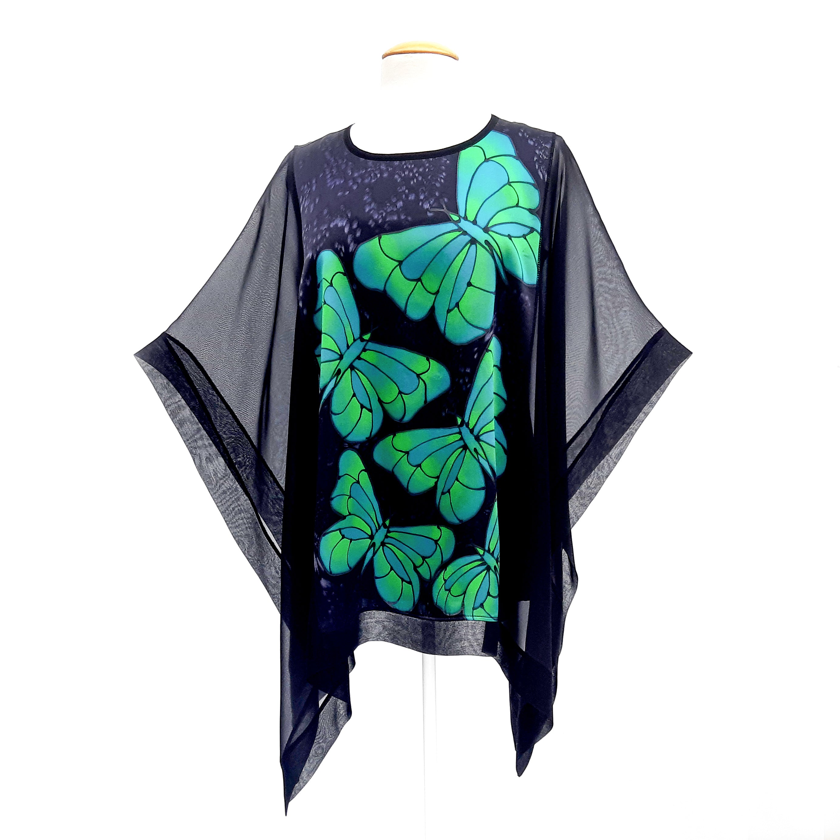 silk clothing ones size black silk poncho top handmade by Lynne Kiel