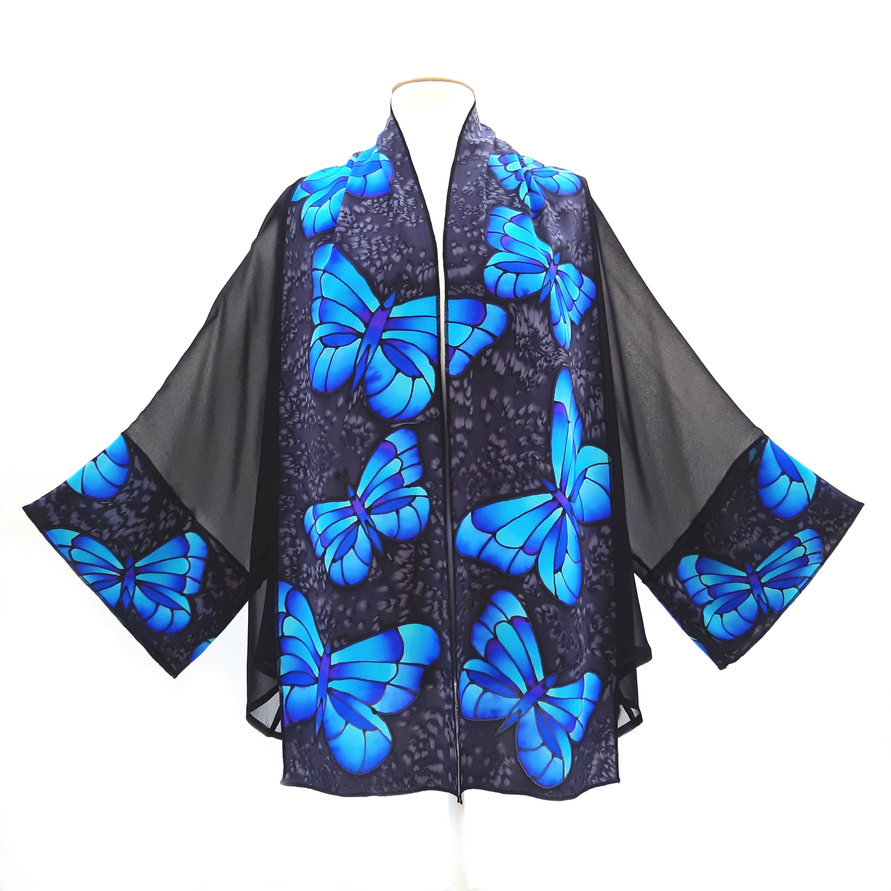 silk clothing hand painted black kimono blue butterflies art design handmade by Lynne Kiel