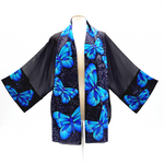Load image into Gallery viewer, Blue butterfly art design hand painted silk kimono hand made by Lynne Kiel
