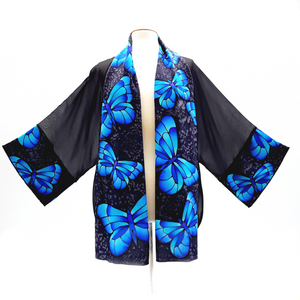 Blue butterfly art design hand painted silk kimono hand made by Lynne Kiel