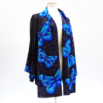 Load image into Gallery viewer, painted silk kimono jacket black with blue butterfly art design handmade by Lynne Kiel
