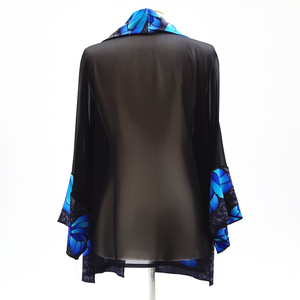 Black sheer silk kimono jacket one size ladies clothing hand painted blue butterflies handmade by Lynne Kiel