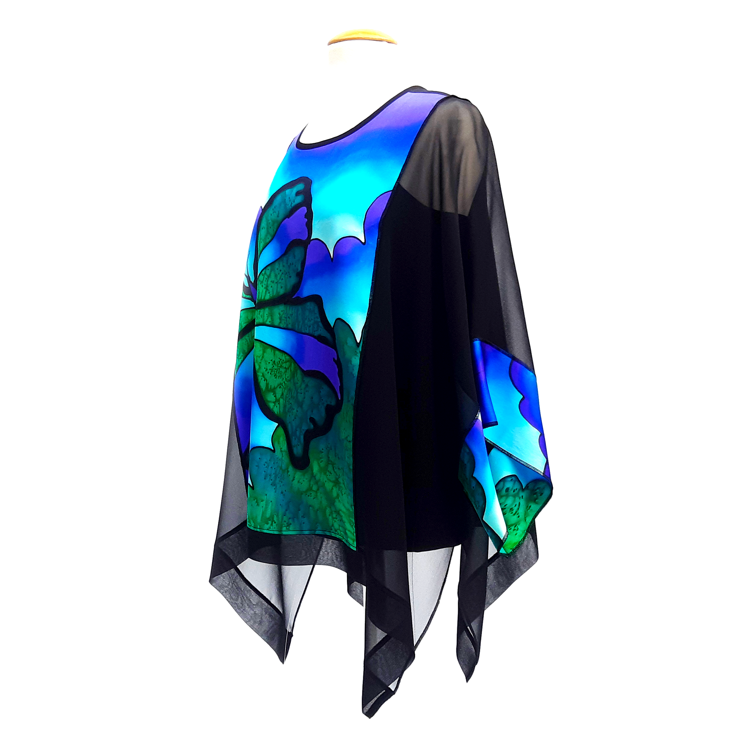 painted silk green butterfly long top for women slow fashion handmade by Lynne Kiel