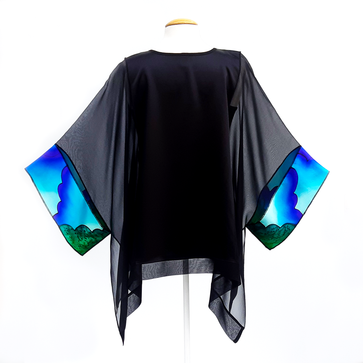 pure silk black caftan top made in Canada hand painted by Lynne Kiel