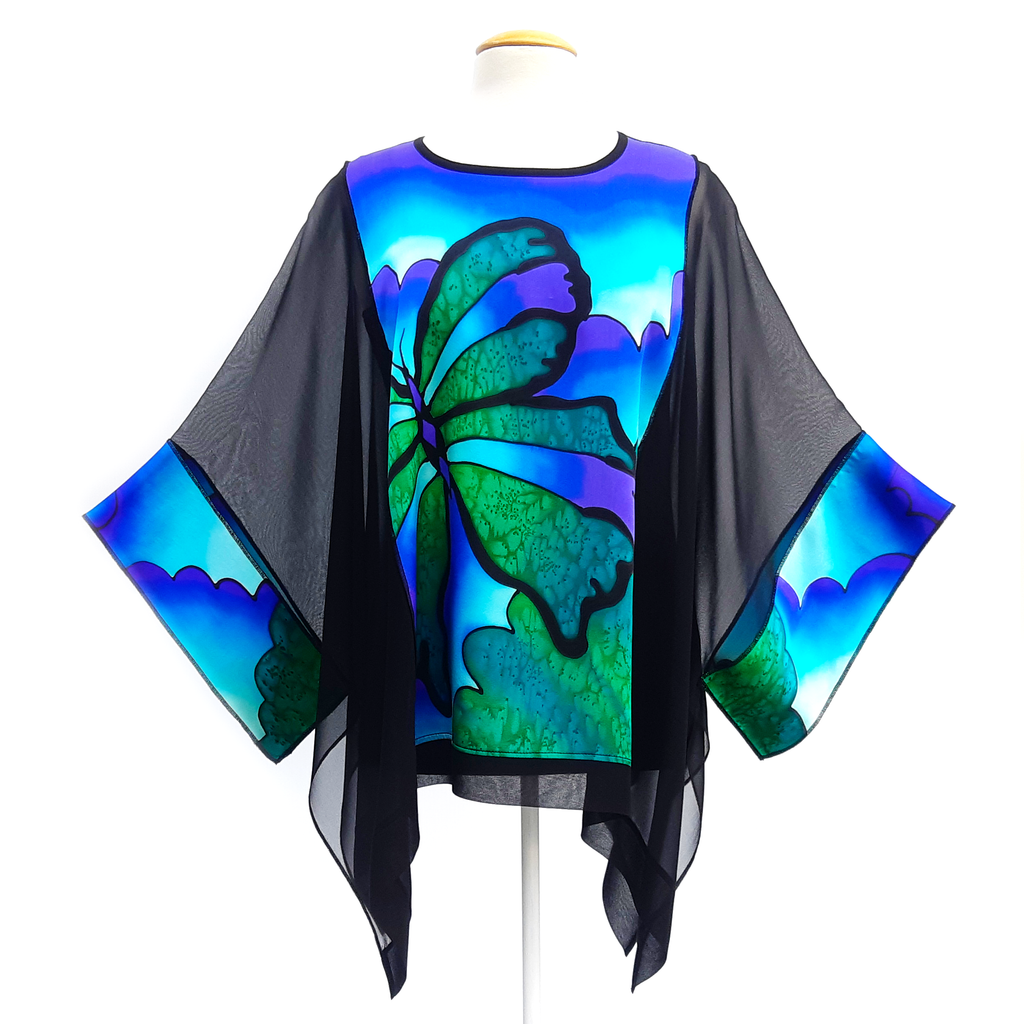 painted silk back long caftan top ladies one size cruise wear wedding outfit made by Lynne Kiel