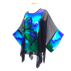 one size ladies long black caftan top painted silk slow fashion handmade by Lynne Kiel