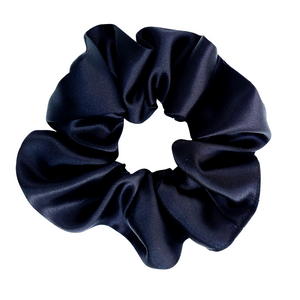 pure silk black satin medium size hair scrunchie for pony tail and hair bun handmade by Lynne Kiel