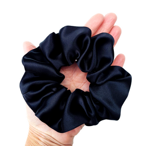 Medium size pure silk black scrunchy hair accessory handmade in Canada by Lynne Kiel