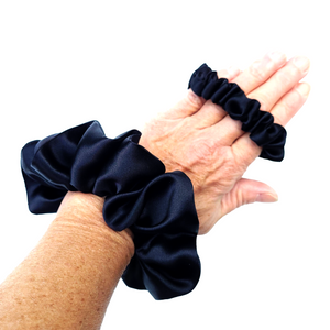 black silk satin scrunchie hair accessory handmade by Lynne Kiel