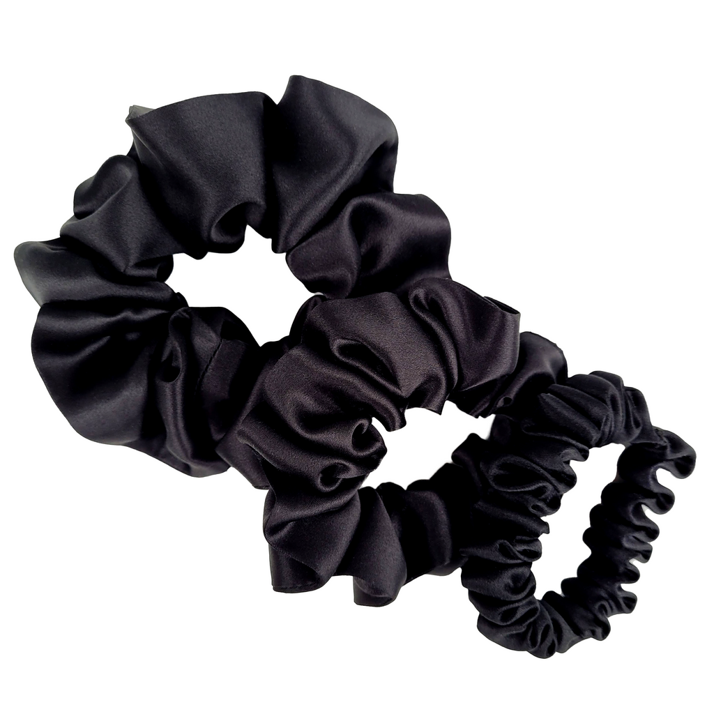 MIDNIGHT BLACK Medium Small Skinny 3 PC Silk SCRUNCHIE PARTY SET
