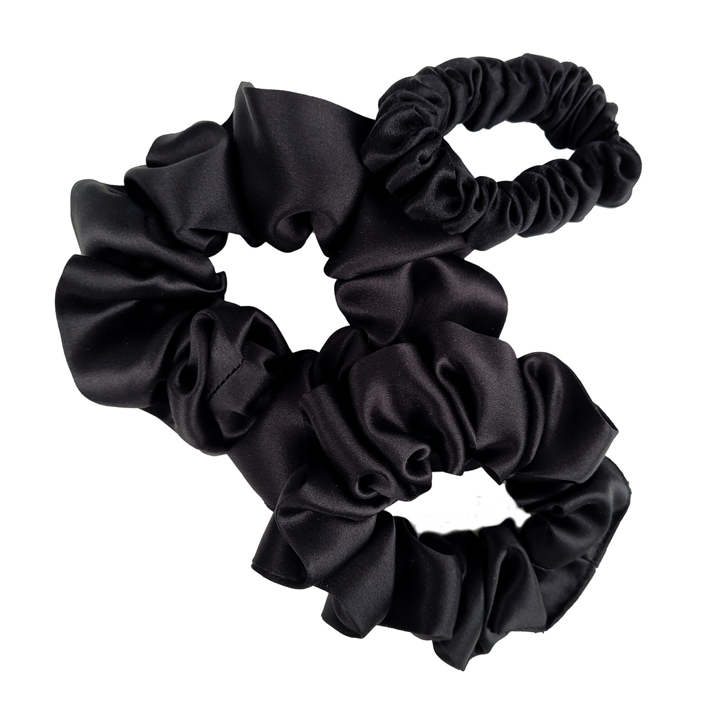 MIDNIGHT BLACK Medium Small Skinny 3 PC Silk SCRUNCHIE PARTY SET