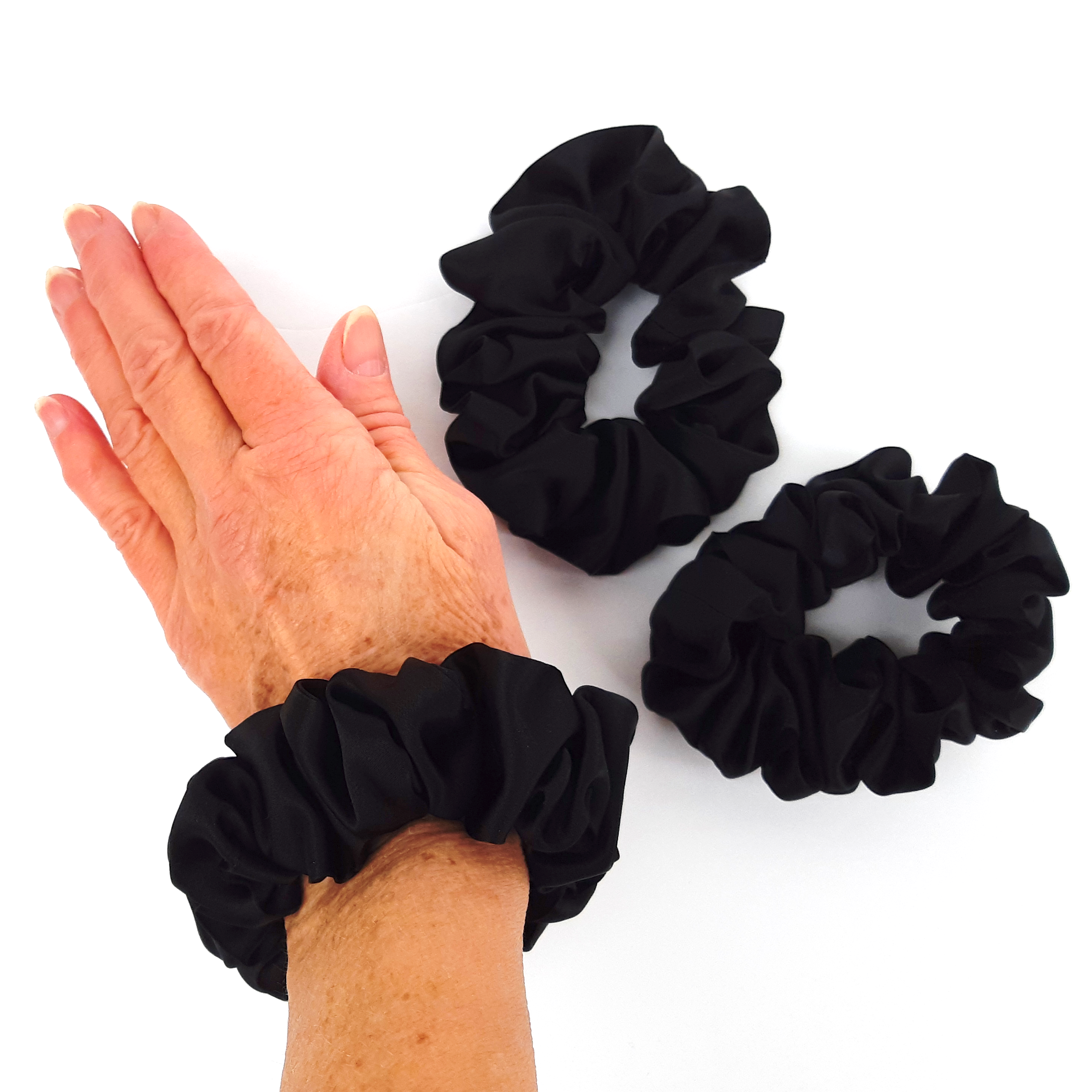 Handmade black silk scrunchies large small and medium sizes