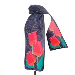 painted silk red tulips on black long scarf