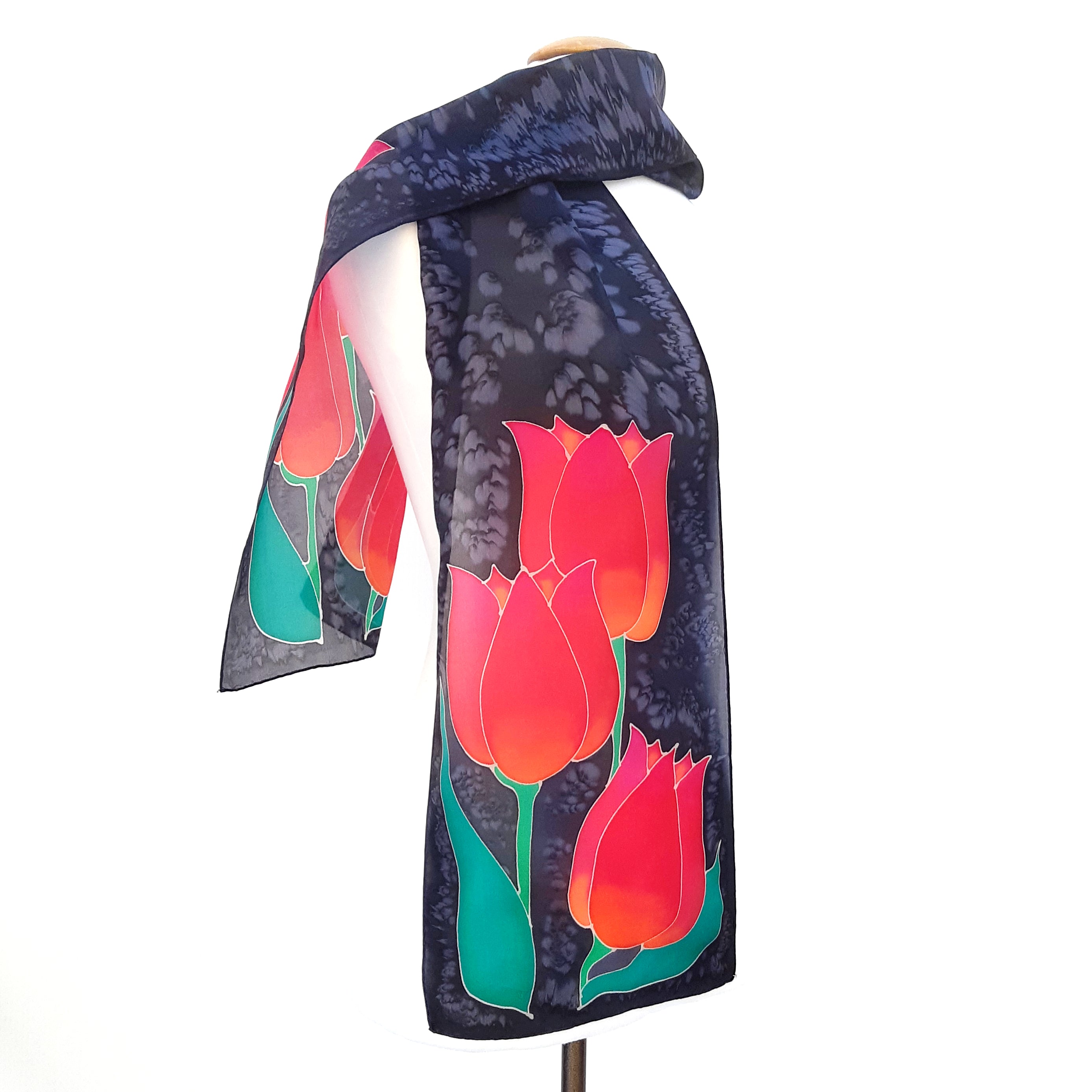 painted silk long scarf red tulips black scarf