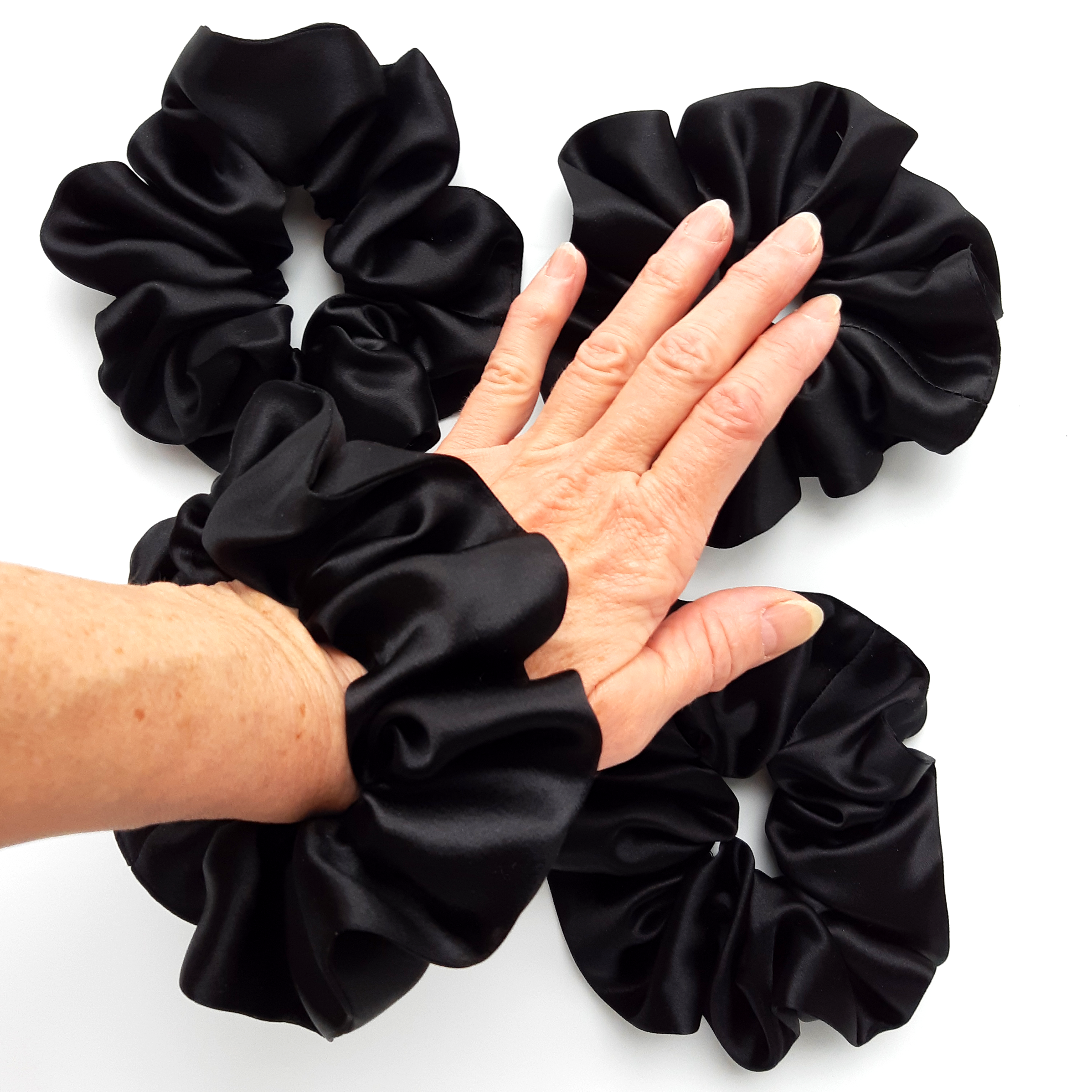 Large black pure silk  scrunchies for exercise made in Canada