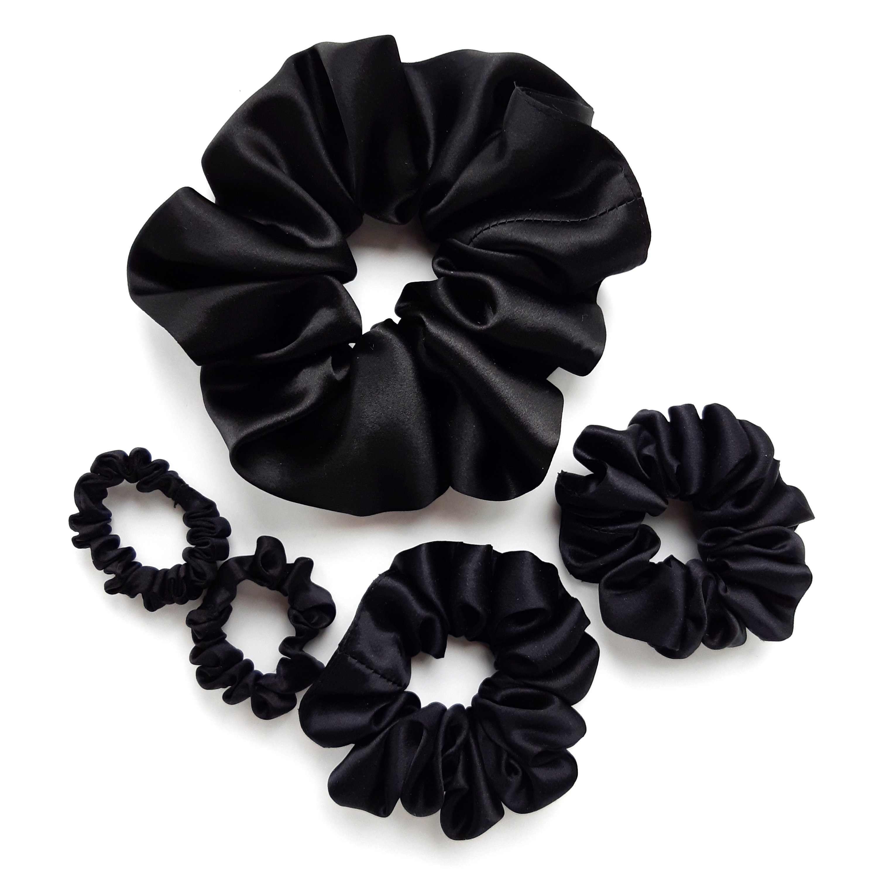 large and small black silk scrunchie elastic hair ties for sleeping