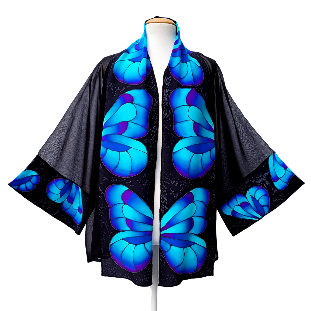 silk clothing hand painted kimono blue butterfly art design handmade in Canada by Lynne Kiel