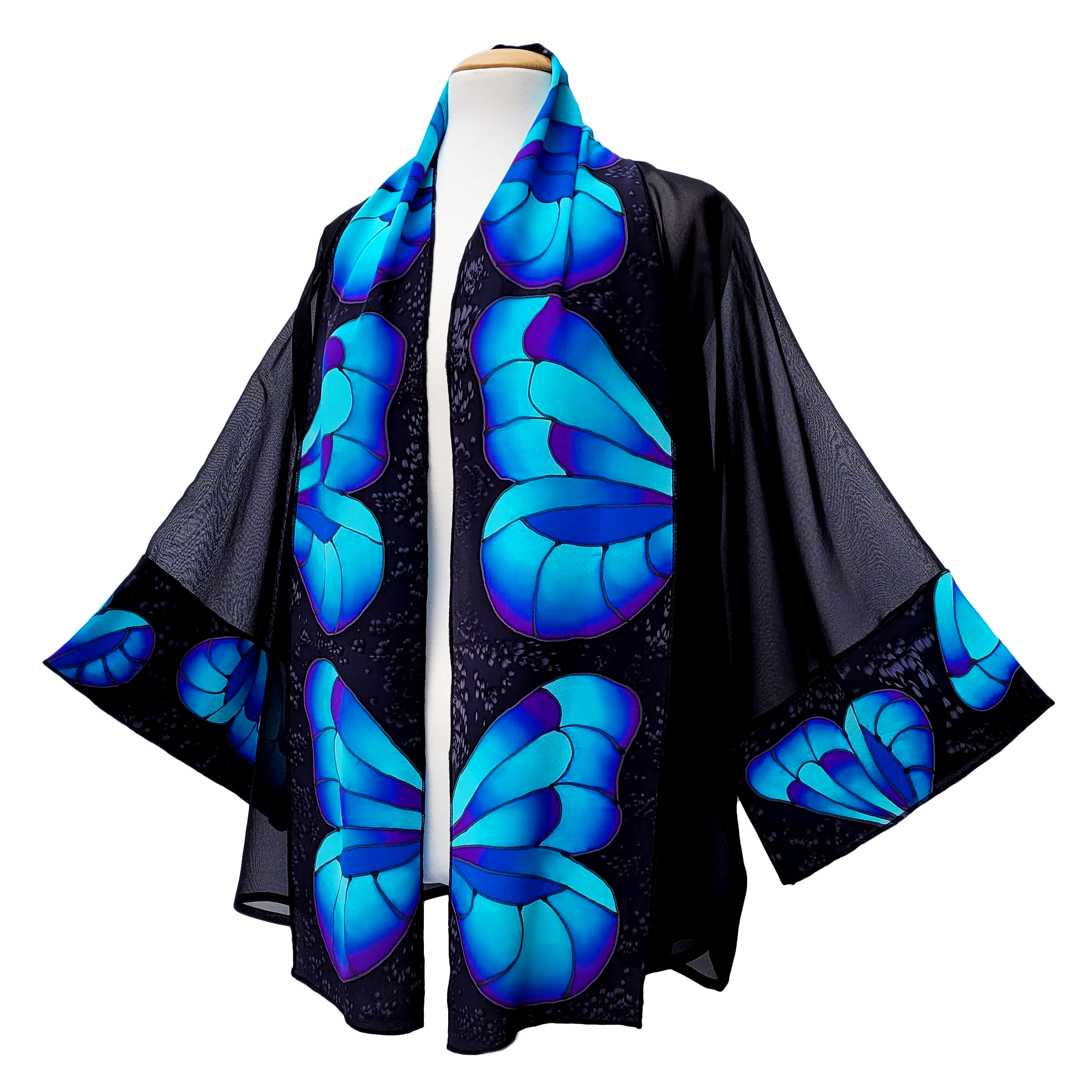 hand painted silk clothing blue butterfly art design sheer black silk kimono handmade by Lynne Kiel
