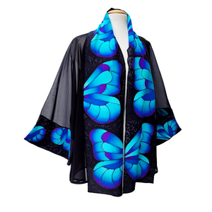 blue butterfly art design hand painted silk kimono plus size for women hand made by Lynne Kiel