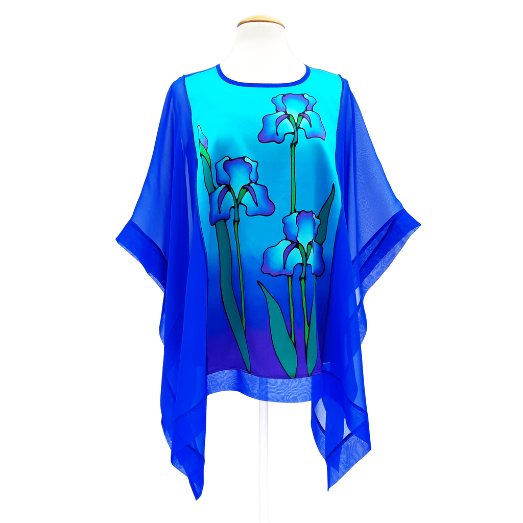 blue silk top hand painted Iris art design one size handmade by Lynne Kiel