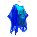 hand painted silk top blue iris flower art design hand made by Lynne Kiel