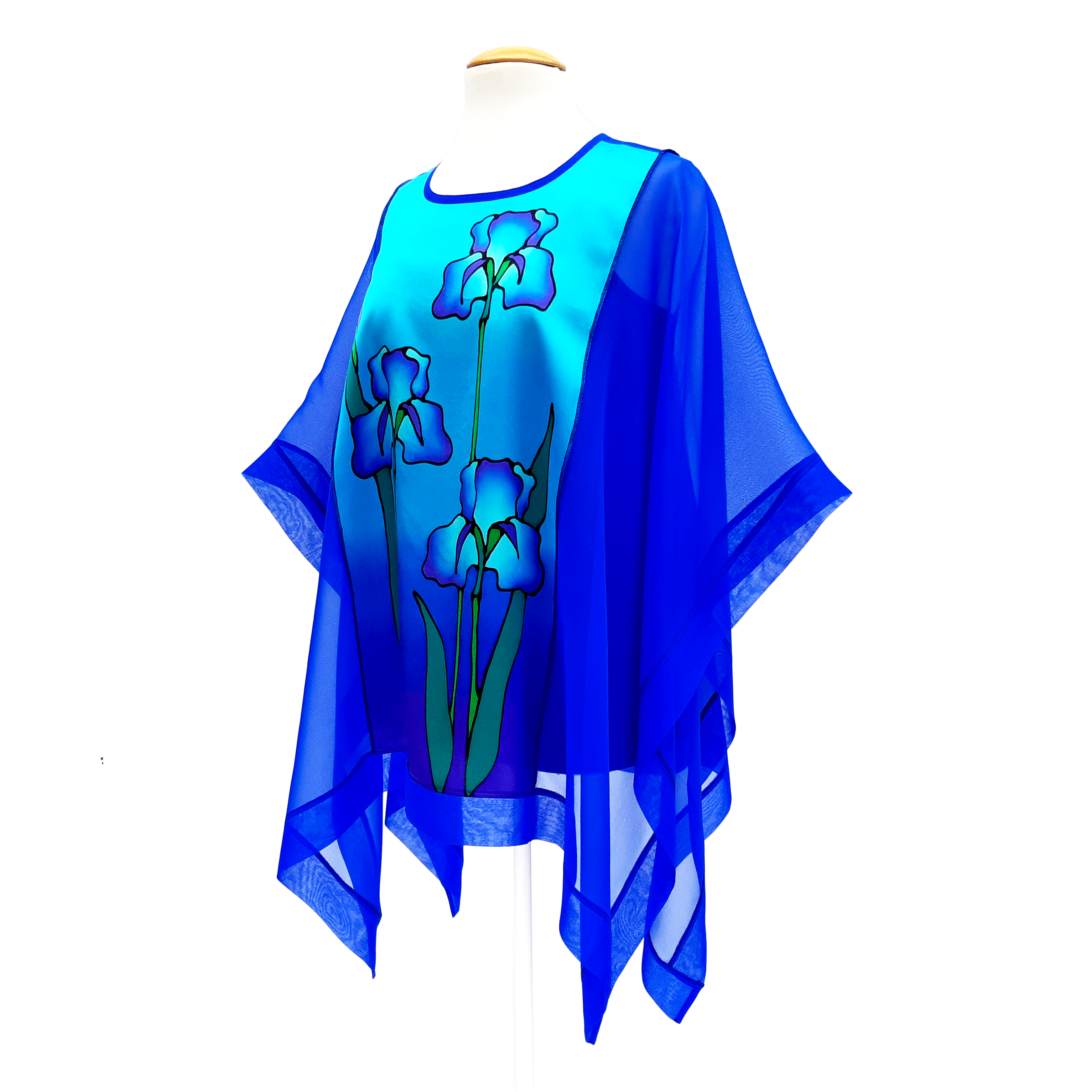 silk clothing for women blue iris art design one size made in Canada by Lynne Kiel