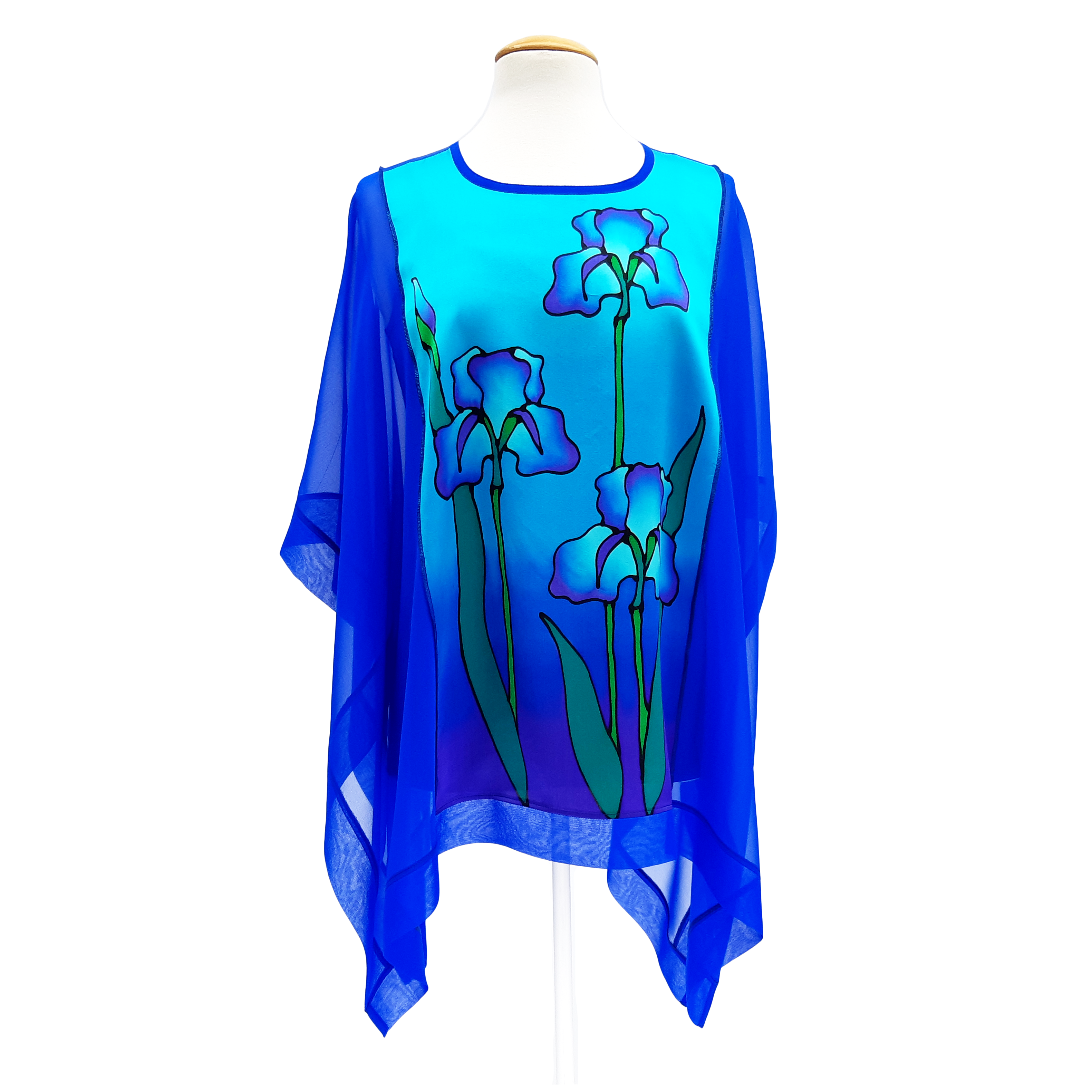 one size plus size ladies top hand painted silk blue iris art design made by Lynne Kiel