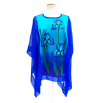 Load image into Gallery viewer, one size plus size ladies top hand painted silk blue iris art design made by Lynne Kiel
