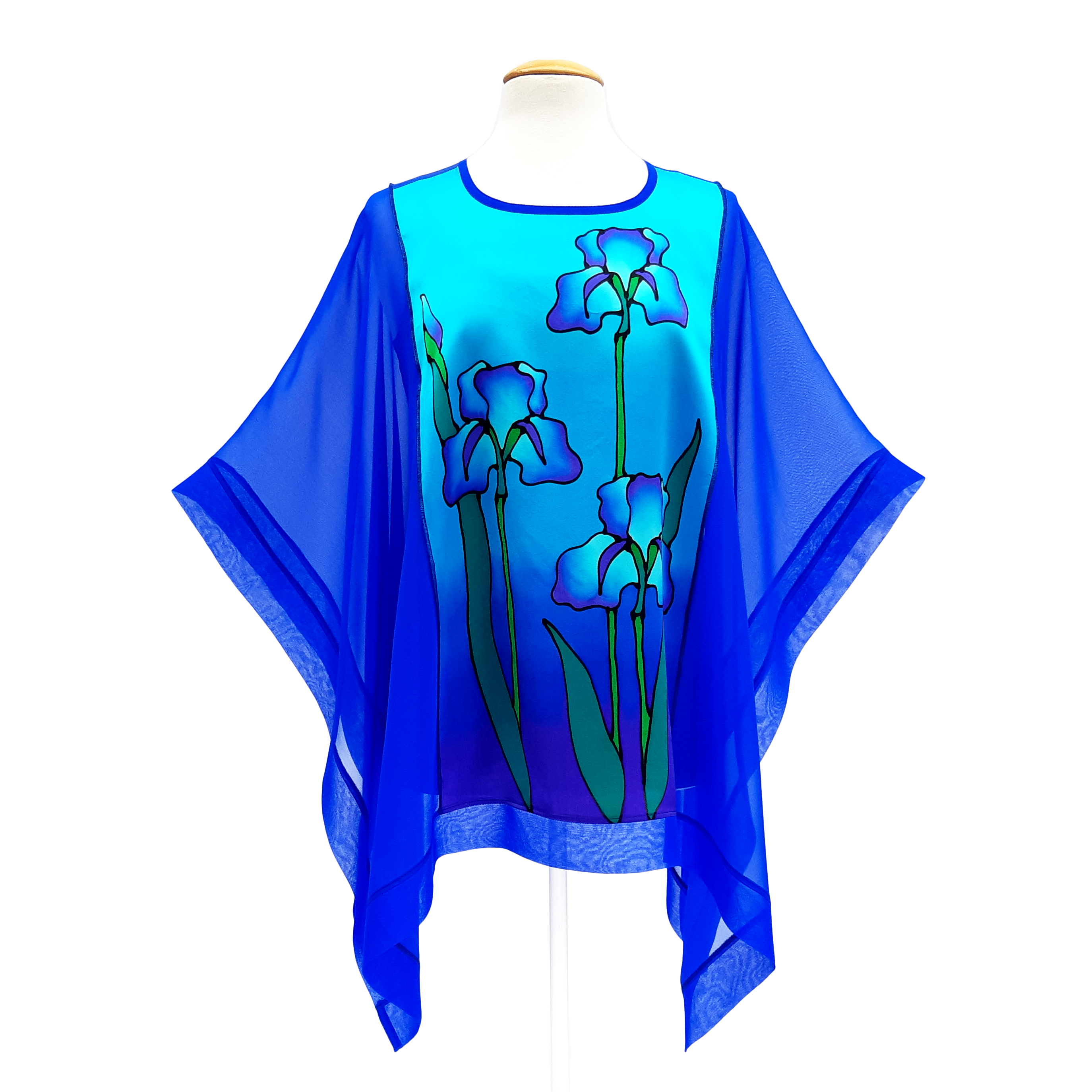 silk clothing hand painted blue iris design art poncho top handmade by Lynne Kiel