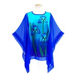 Load image into Gallery viewer, silk clothing hand painted blue iris design art poncho top handmade by Lynne Kiel
