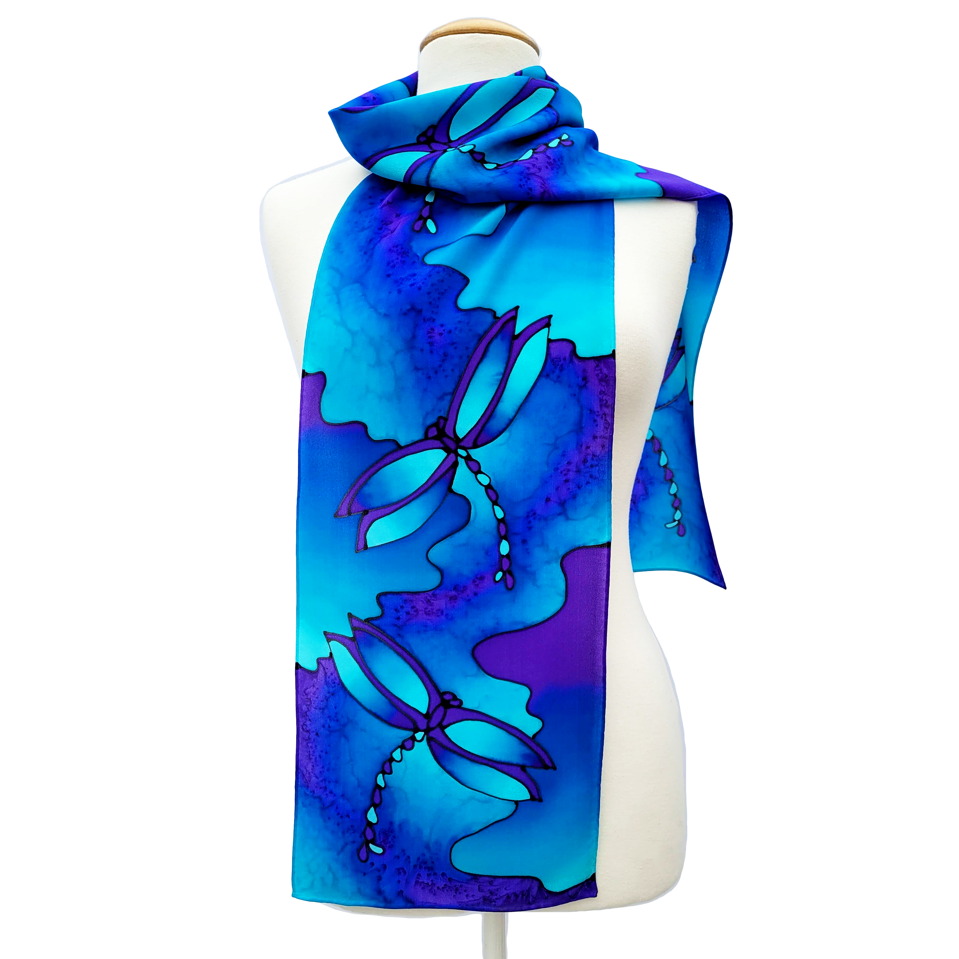 silk clothing accessory hand painted blue scarf dragonfly art design handmade by Lynne Kiel
