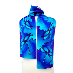 blue silk scarf hand painted dragonflies art design handmade in Canada by Lynne Kiel