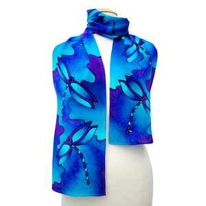 silk scarf hand painted dragonflies in blue and purple colors handmade by Lynne Kiel