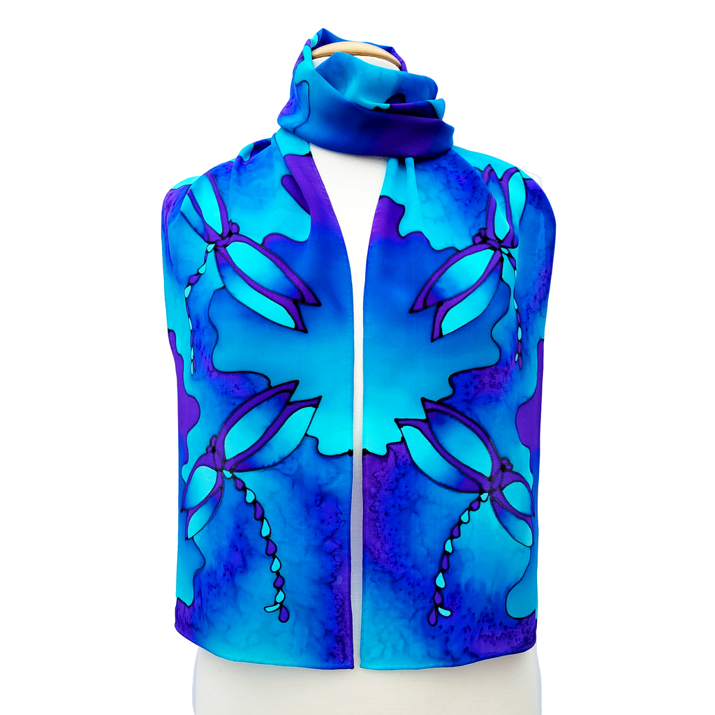 silk scarf clothing accessories for women hand painted dragonflies in blue purple color handmade by Lynne Kiel 
