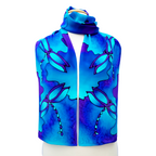 silk scarf clothing accessories for women hand painted dragonflies in blue purple color handmade by Lynne Kiel 