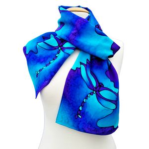 silk clothing accessory for ladies hand painted blue scarf dragonfly art design handmade by Lynne Kiel