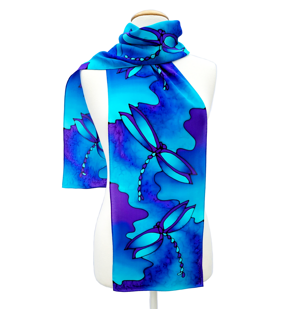 TWIGLIGHT BLUE Dragonflies Painted Silk Scarf Luminous Purples & Azure