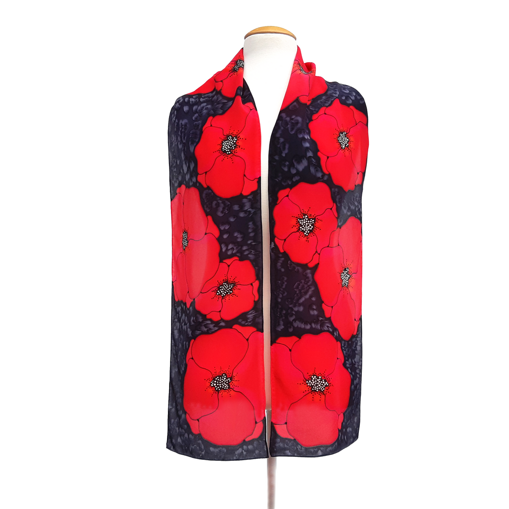 panted silk scarf red poppy art design on black pure silk crepe de chine long scarf handmade by Lynne Kiel