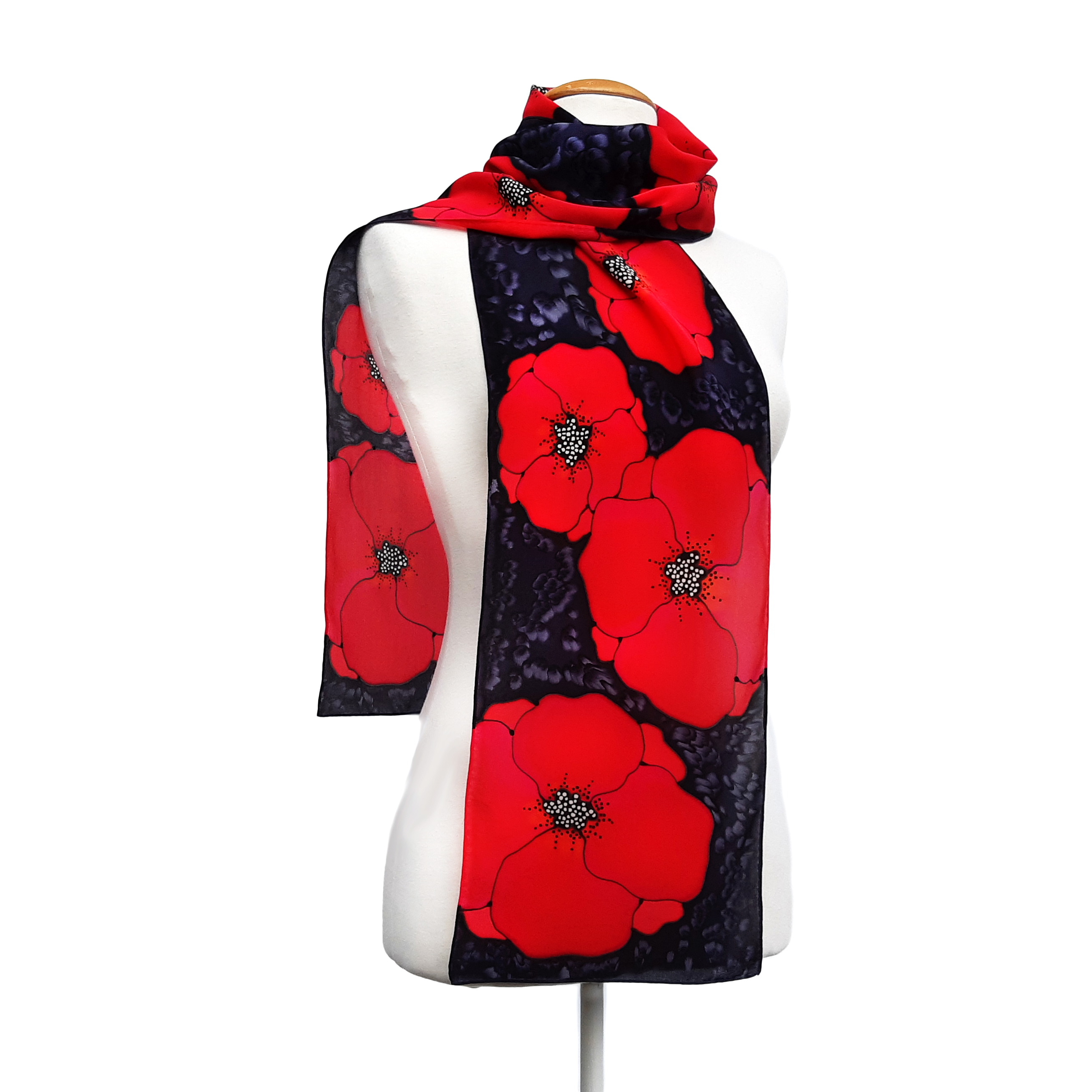 silk scarf hand painted poppy art design red and black ladies long scarf handmade by Lynne Kiel
