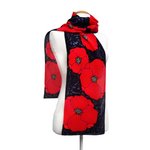 Load image into Gallery viewer, silk scarf hand painted poppy art design red and black ladies long scarf handmade by Lynne Kiel
