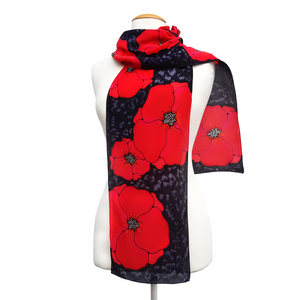 silk clothing hand painted silk scarf red poppy art design on black pure silk crepe de chine handmade by Lynne Kiel