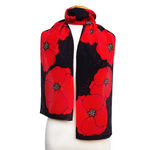 Load image into Gallery viewer, long silk scarf hand painted poppies red and black handmade by Lynne Kiel
