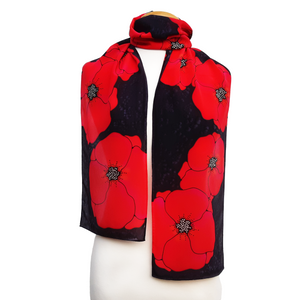 long silk scarf hand painted poppies red and black handmade by Lynne Kiel