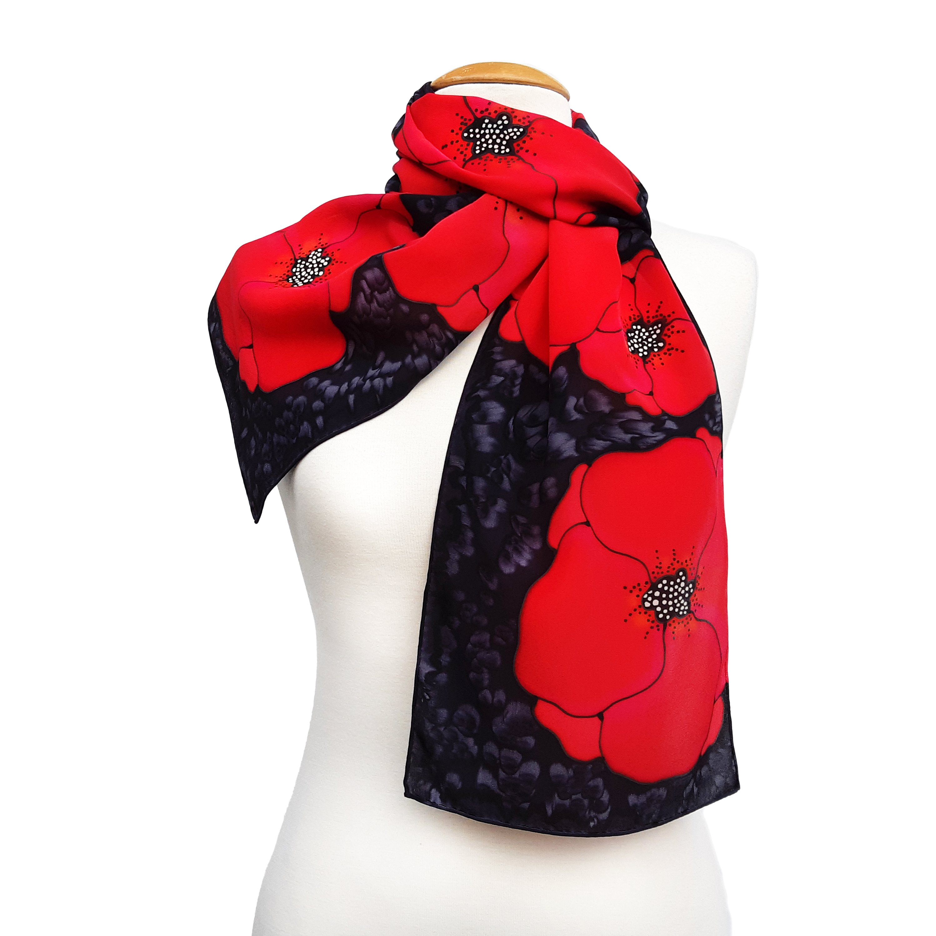 pure silk scarf hand painted red poppies on black silk crepe de chine hand made by Lynne Kiel