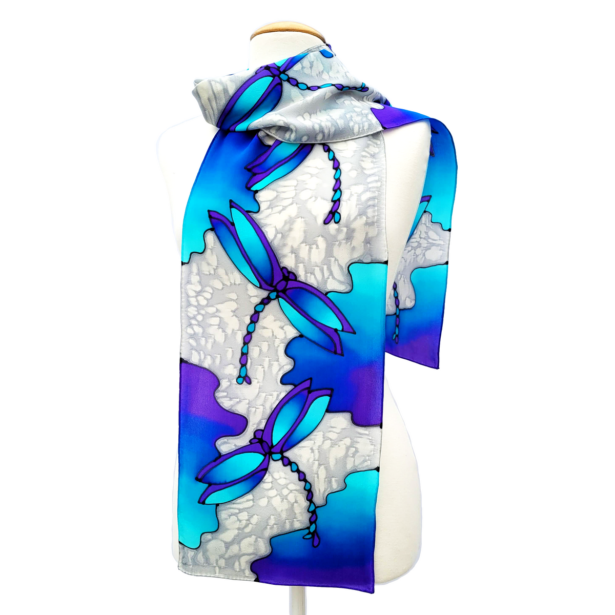 MOONLIGHT Blue Dragonflies Painted Silk Scarf Luminous Purple & Azure